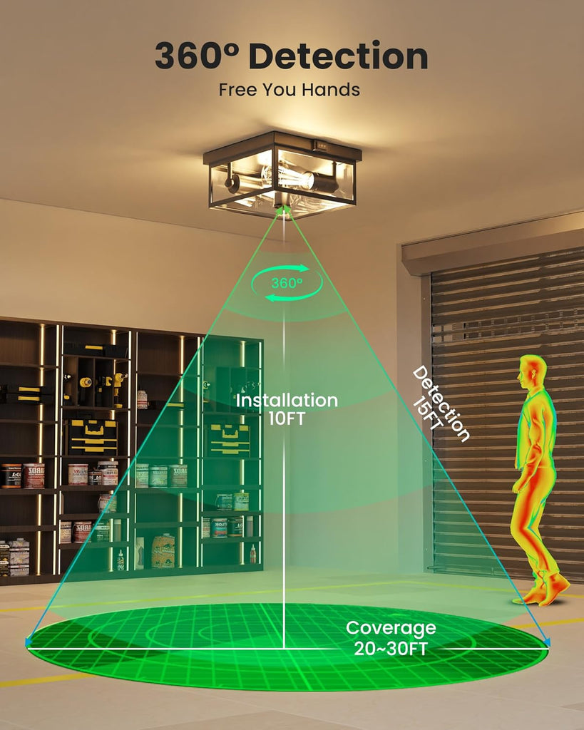 Outdoor Ceiling Light with Motion Sensor, Flush Mount Porch Light, Exterior Light Fixture with Clear Glass