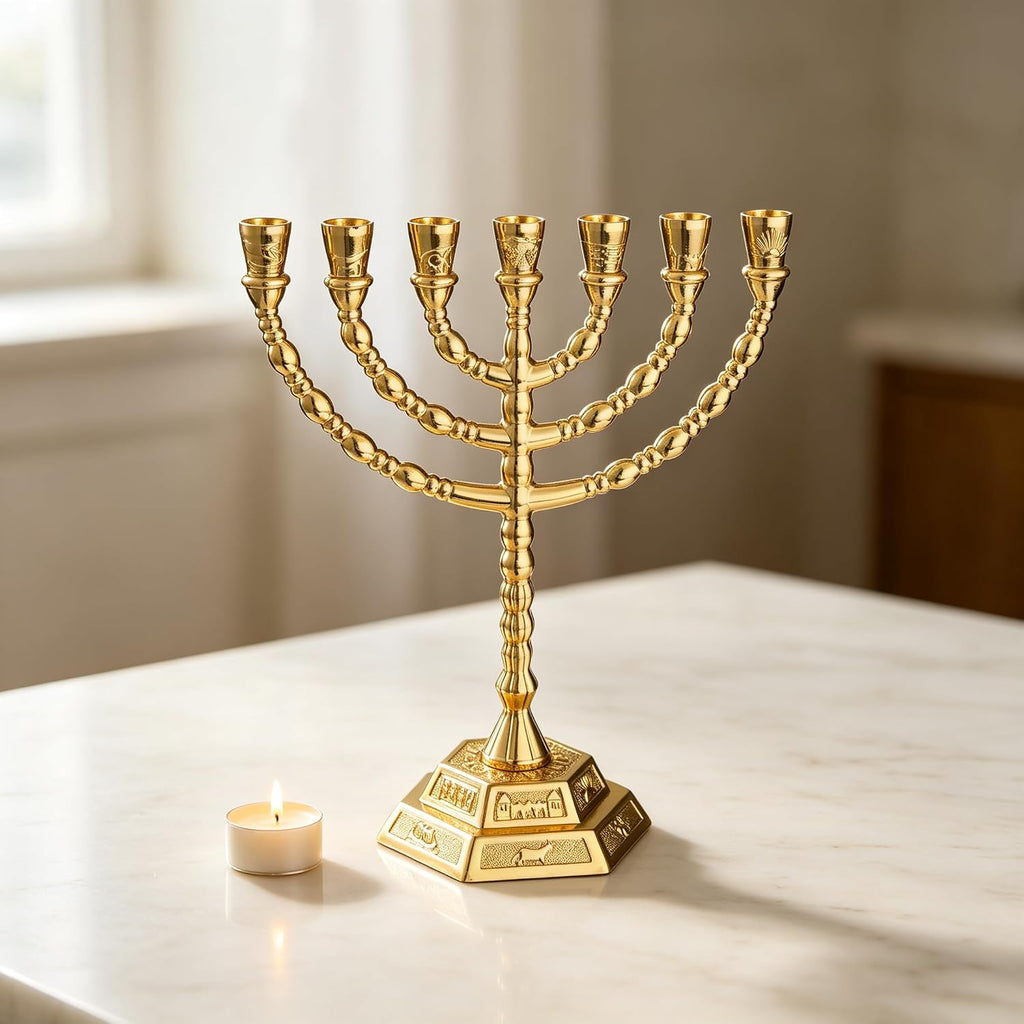 Golden 7 Branch Hanukkah Menorahs Candle Holder