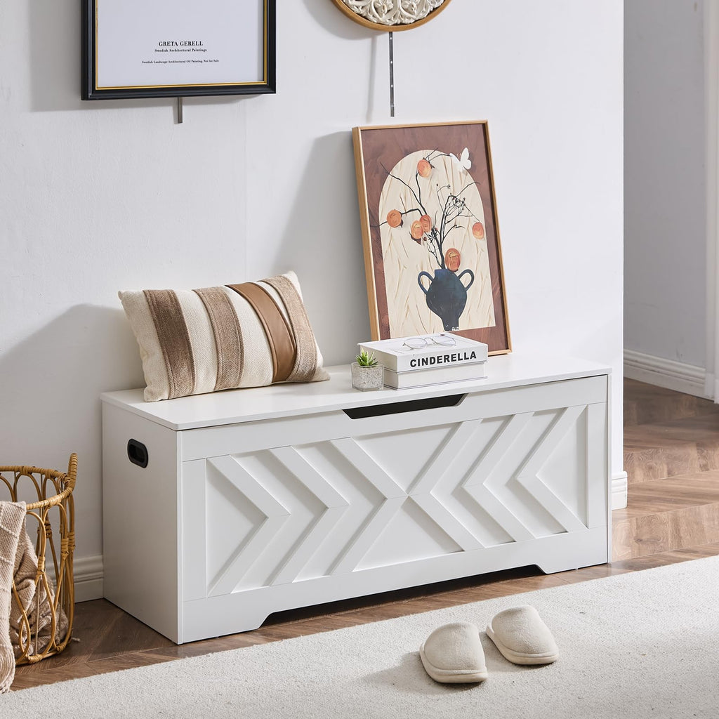 47.2" Storage Bench, Extra Large Wooden Storage Chest with 2 Safety Hinges, entryway Bench, Blanket Storage, Shoe Storage
