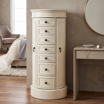 Bailey Oval Standing Jewelry Armoire Cabinet, Jewelry Storage Organizer with Mirror Lid, Side Doors, 7 Drawers