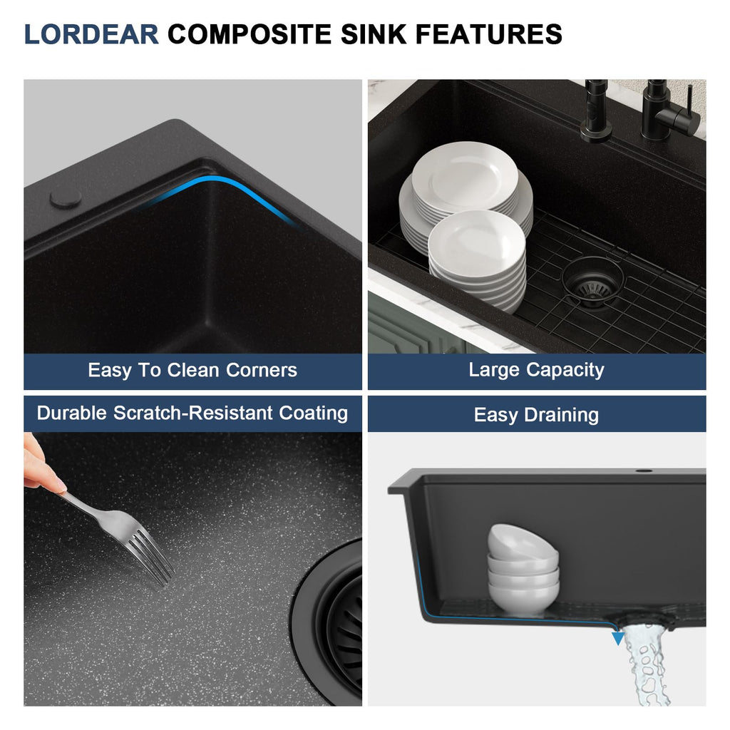 33 Inch Drop In Black Composite Granite Single Bowl Sink