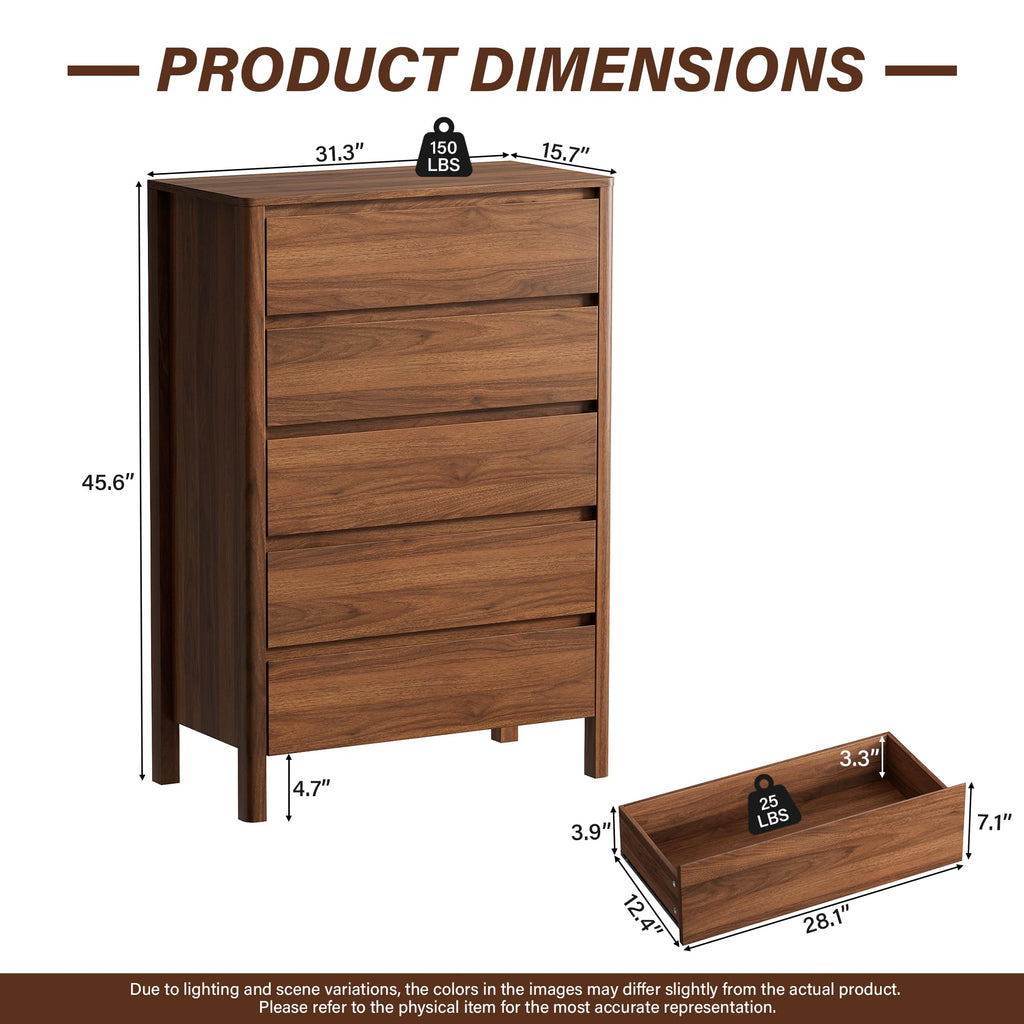 45" Tall 5 Drawer Wood with Legs, Walnut