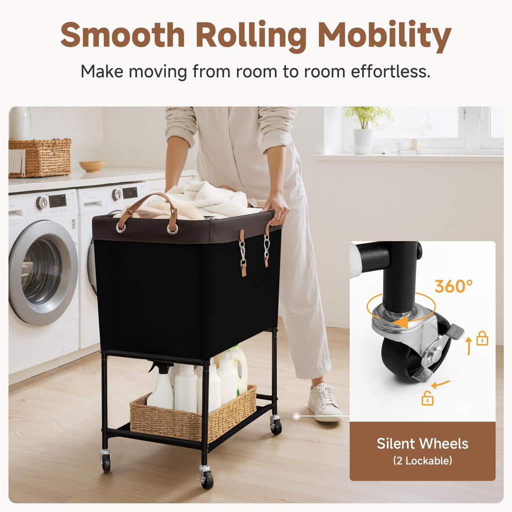 Laundry Cart, 2 Tier Rolling Basket with Wheels, 29 Gal, Black