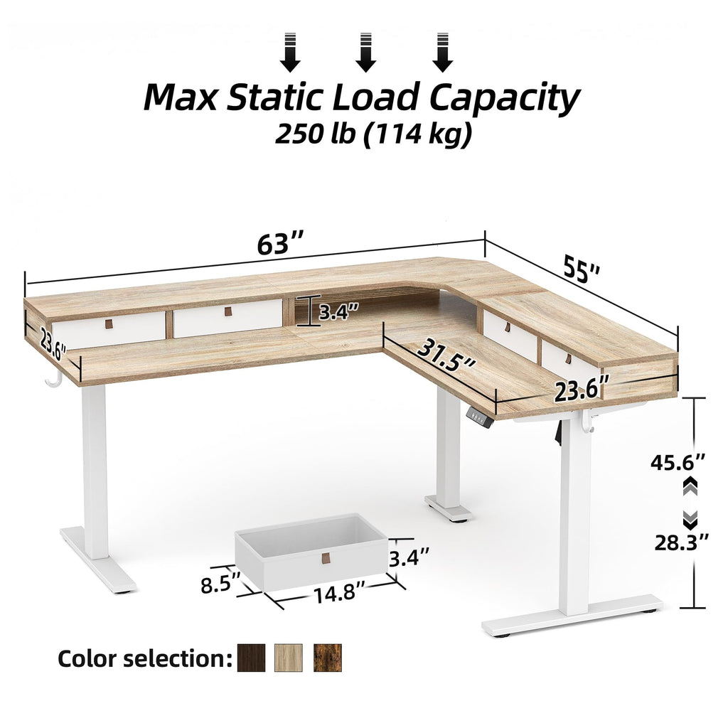 L Shaped 63 x 55 inch Standing Desk Adjustable Height, Electric Corner Standing Desk with 4 Drawers and Upper Shelf