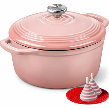 Enameled Cast Iron Dutch Oven - 5.5QT Pot with Lid Cookbook, Pink