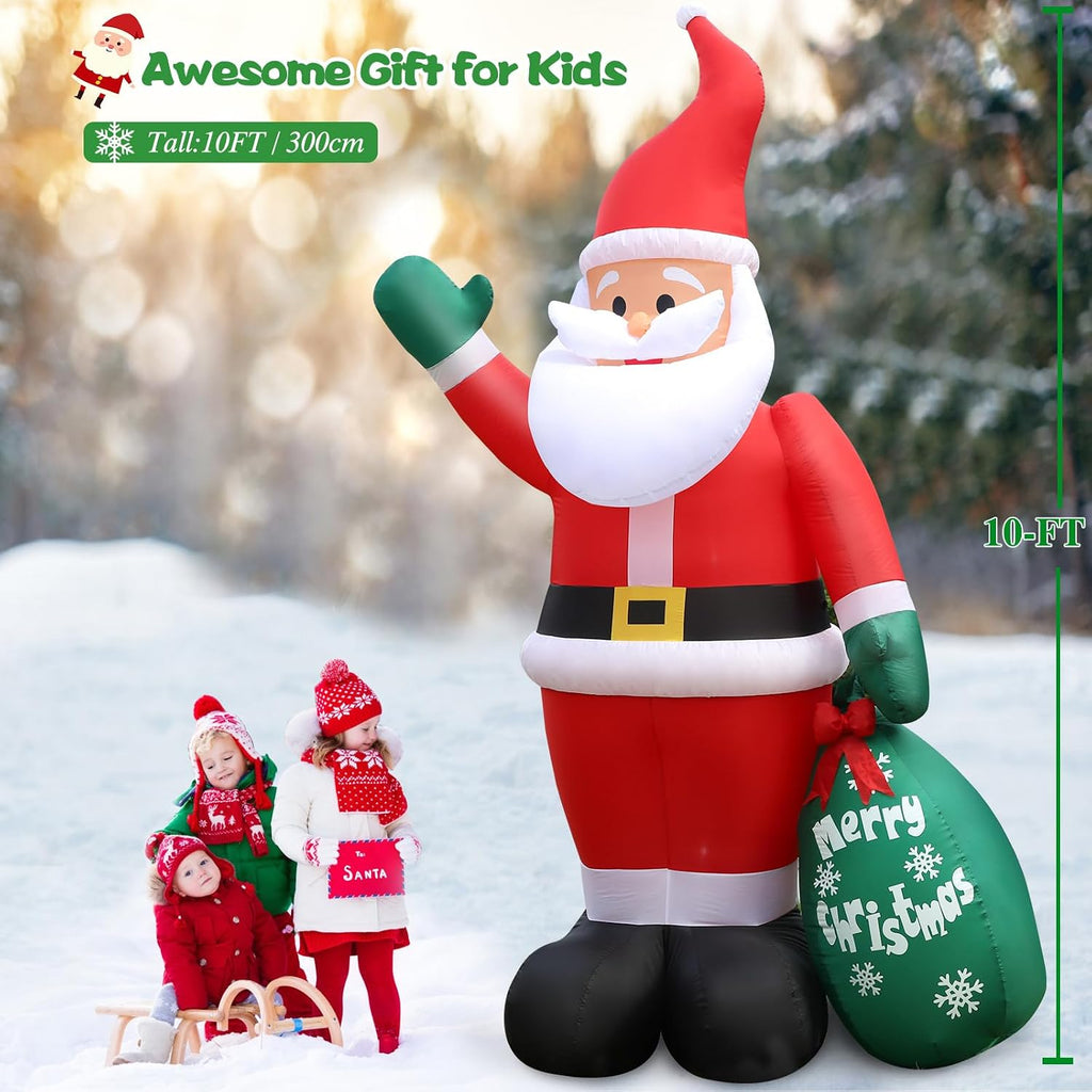 10 FT Christmas Inflatable Santa Claus Outdoor Decor for Yard, Giant Blow up Santa Decoration with Big Gift Bag