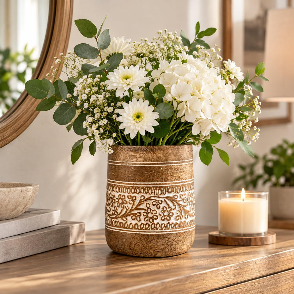 Farmhouse 7'' Large Wooden Utensil Holder, White Floral