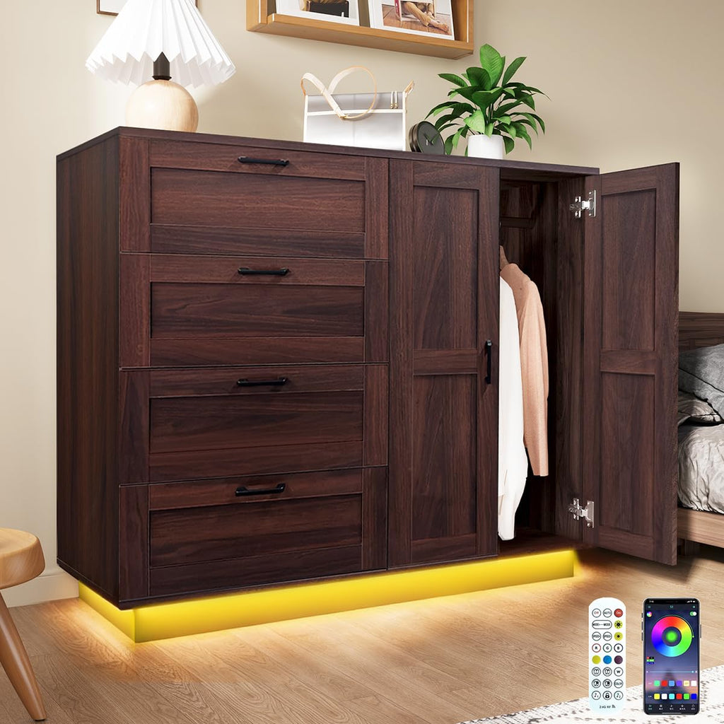 43.3'' H LED Bedroom Armoire with Drawers and 2 Doors, Farmhouse Wooden Armoire and Wardrobe Cabinet, Closet with