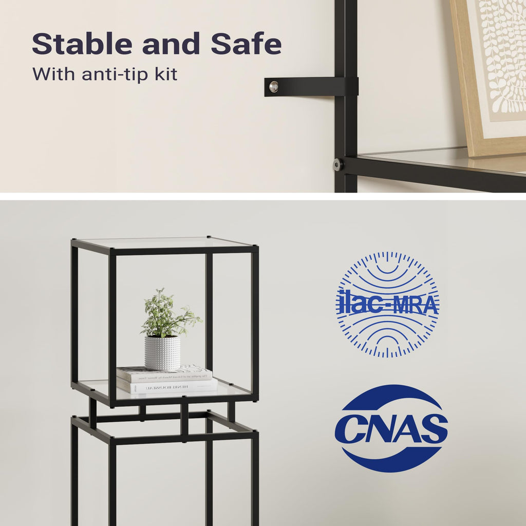 4 Cube Glass Shelf, 4-Tier Bookshelf, Display Shelf Rack, Metal Storage Rack with Tempered Glass, Modern Style, Black