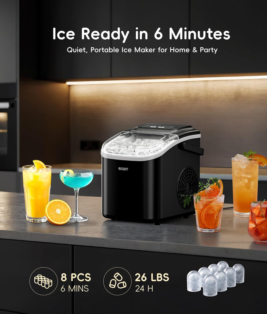 Portable Ice Makers Countertop, 8 Cubes in 6 Mins, 26lbs/Day, Bullet Ice Maker Machine with 2 Ice Sizes