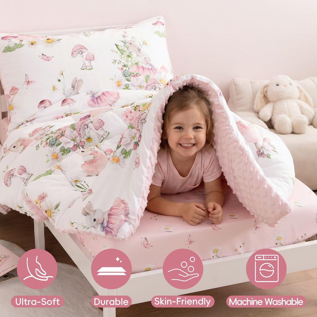 4 Piece Minky Toddler Bedding Set, Ultra Soft Skin-Friendly Soothing Minky Dot Toddler Comforter Set, Unique Pattern