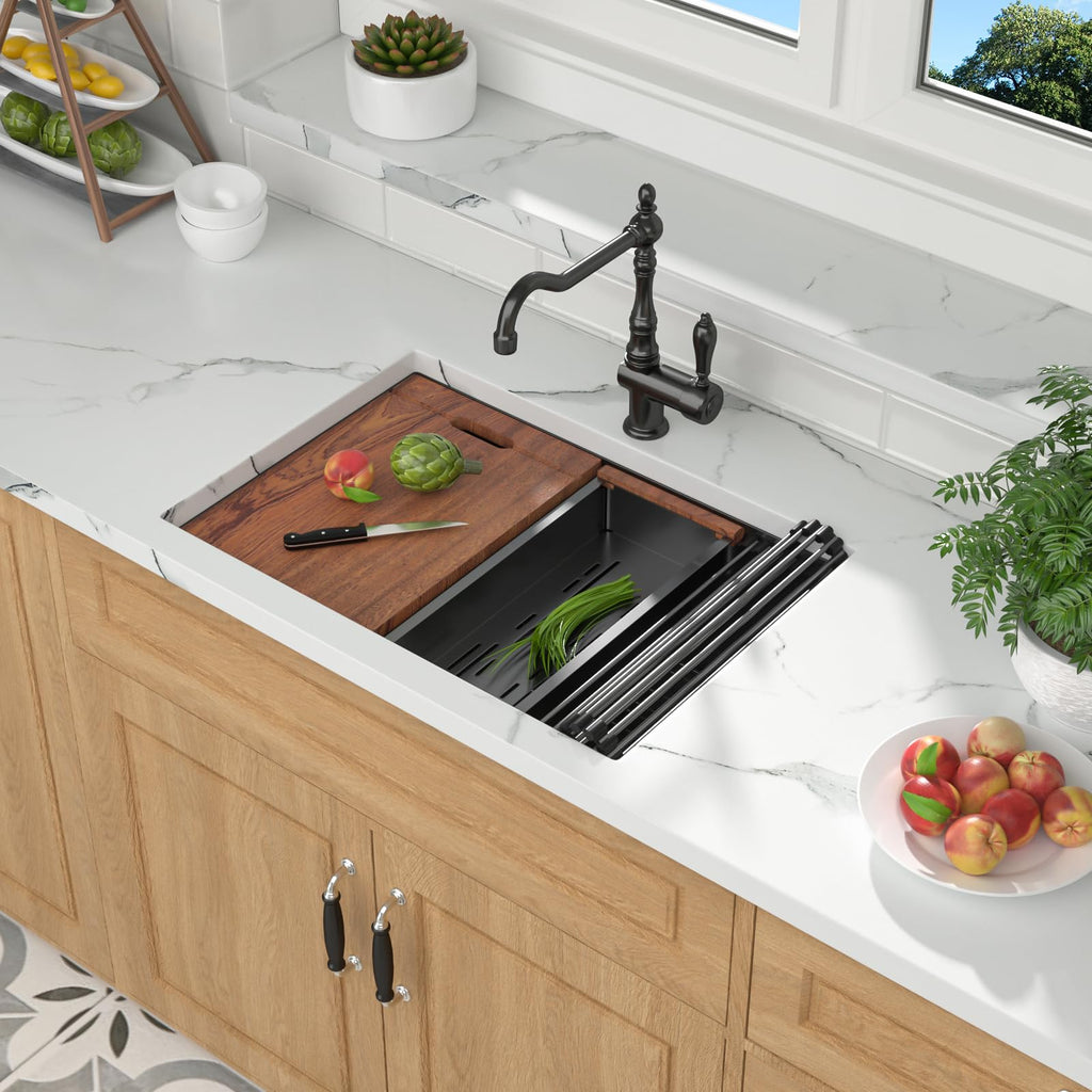27x19 Inch Black Undermount Single Bowl - Undermount Workstation Gunmetal Black 16 Gauge Stainless Steel Handmade