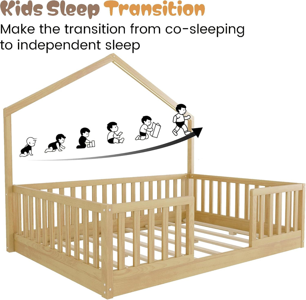 Montessori Floor Bed with High Rails, Wood House Beds Frame with LED Light, Low Profile Montessori Bed