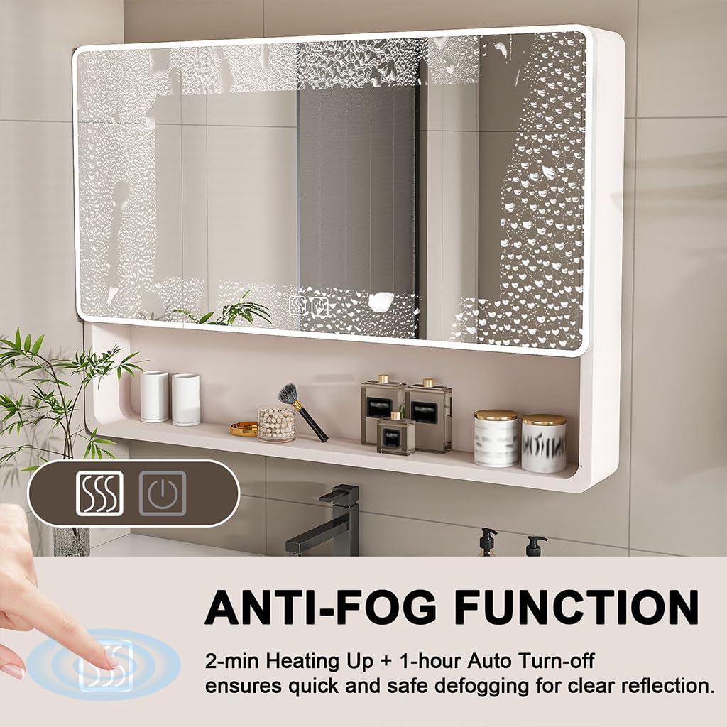 Bathroom Medicine Cabinet with Mirror and LED Lights, Wall Mounted Aluminum Medicine Cabinet with Storage and