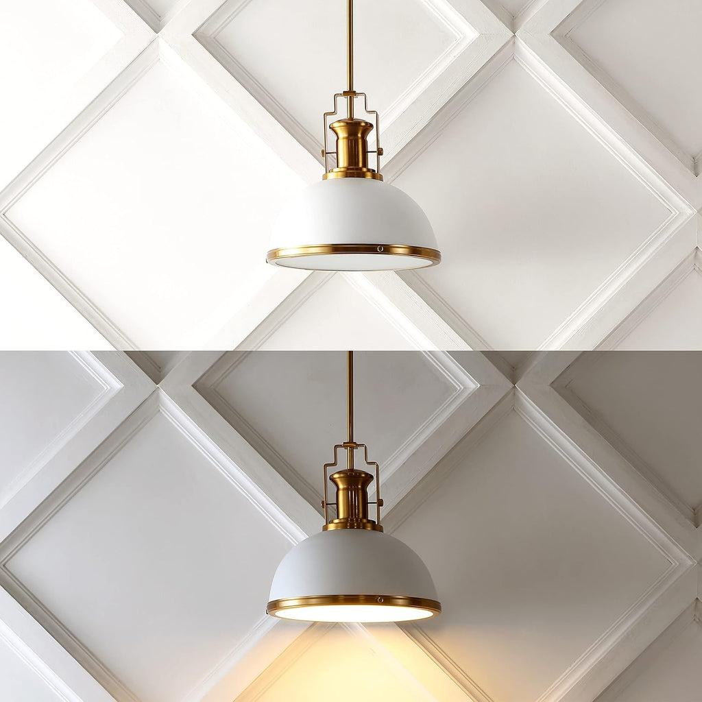 13" Brass Gold/White Modern Industrial Iron LED Dome Pendant Light, Adjustable Hanging Fixture for Kitchen Island or