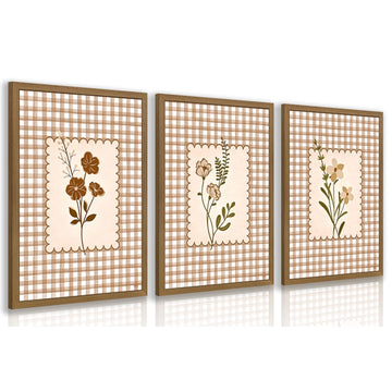 Wood Framed Cottagecore Floral Wall Art Set of 3, Beige Gingham Flower Wall Decor, Vintage Botanical Poster Prints