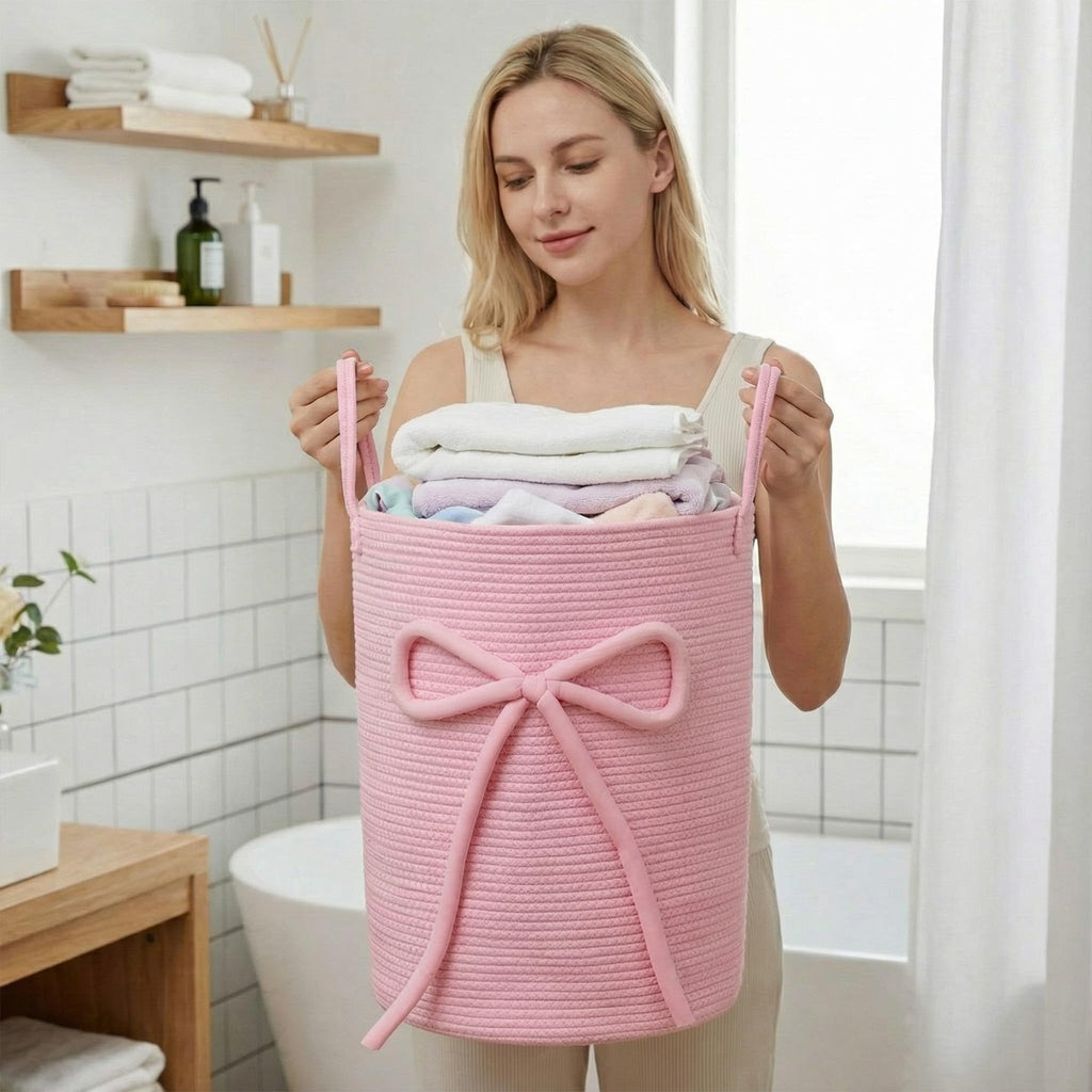 Pink Bow Laundry Basket Large Cotton Rope Storage Basket 16'' x 22'' Woven Laundry Hamper with Handles for Clothes