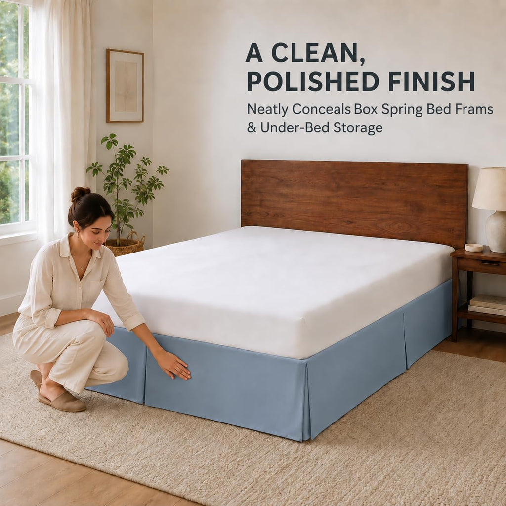 Queen Tailored Pleated Bed Skirt, 14" Drop, Blue Fog