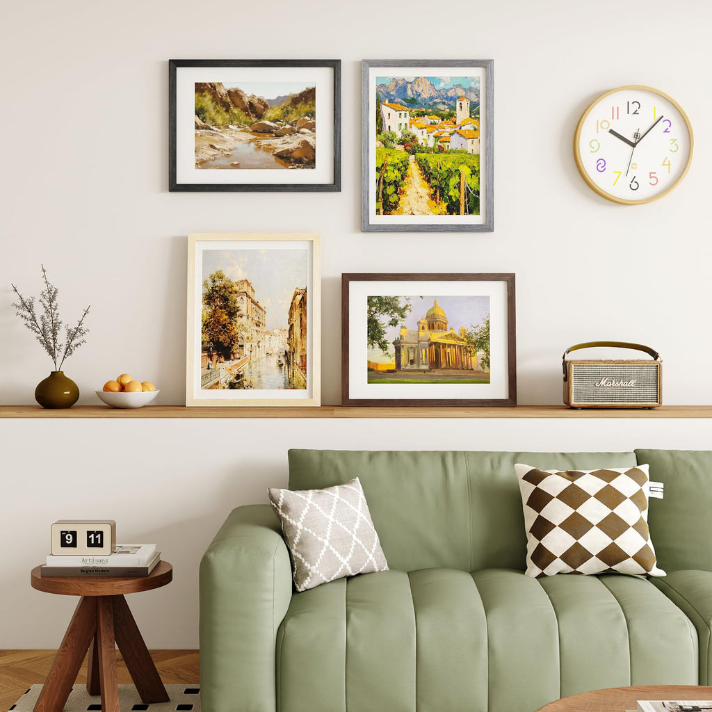12x16 Picture Frame Set of 4, Made of Solid Wood Multicolor Photo Frame Covered by Plexiglass 9x12 and 11x14 with Mat