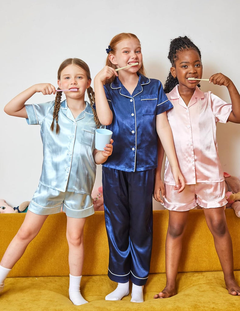Girls Pajamas Silky Pajama Sleepwear Button Down Kids Pj Sets