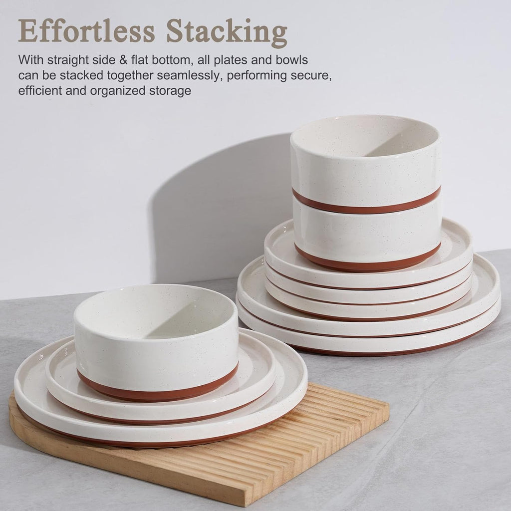 Plates and Bowls Sets, 12 Pieces Stoneware Dinnerware Set for 4, Modern Kitchen Dinner Set Ceramic Dishware Dishes Set