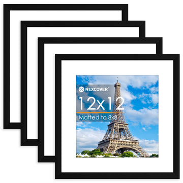 12x12 Frame Matted to 8x8 Picture Frames, Black 4PK Square Picture Frame for Horizontal and Vertical Wall Hanging