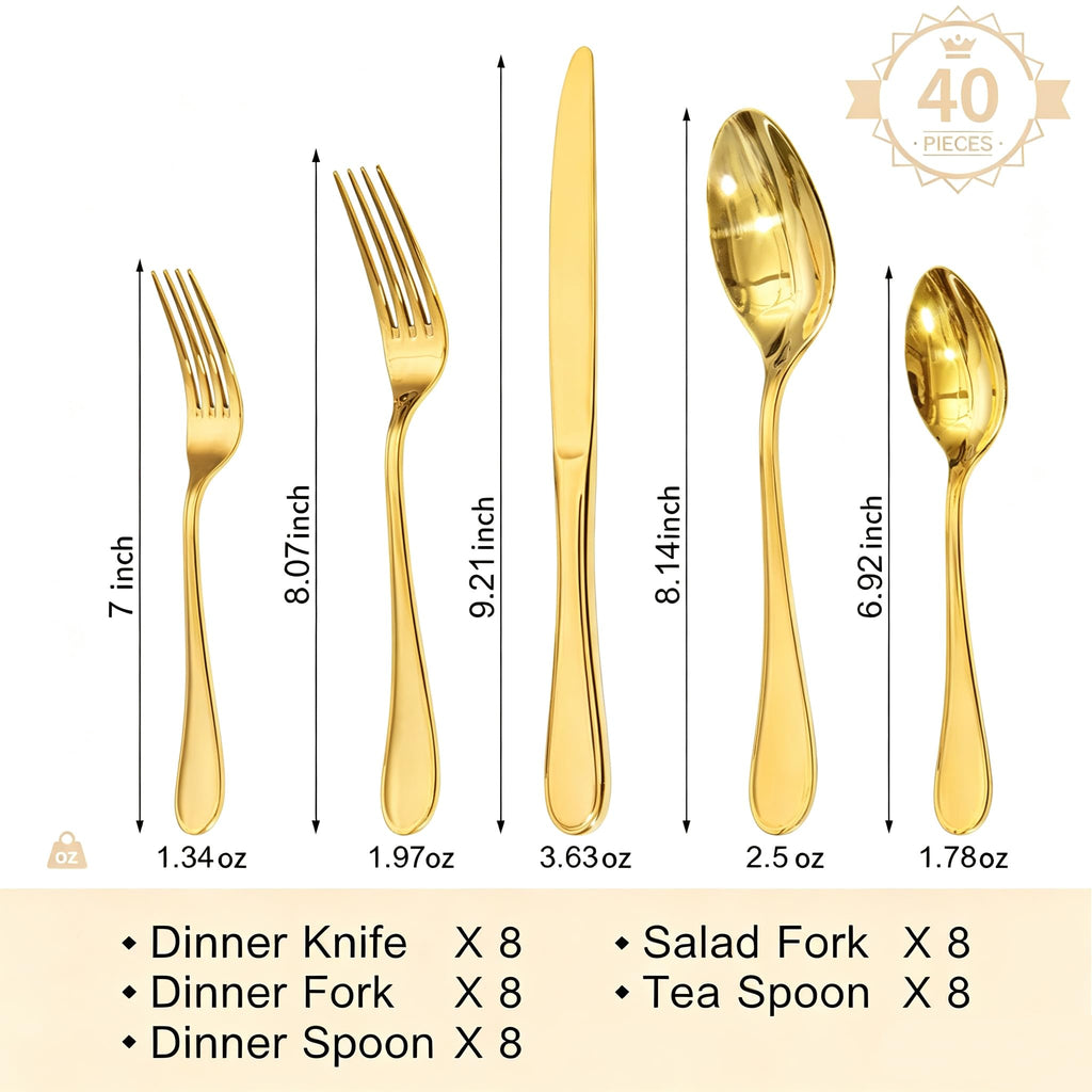18/10 Stainless Steel Silverware Set for 8, 40 Piece Gold Flatware Set