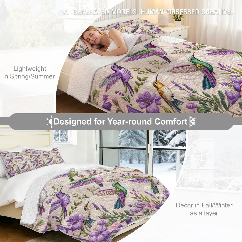 Flower Bird Patchwork Hummingbird Floral Quilt Set