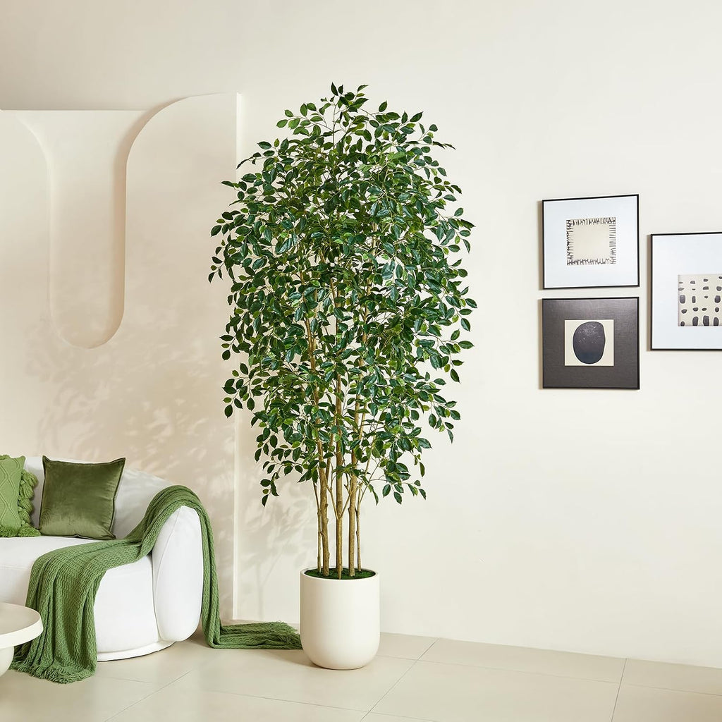 8FT Artificial Ficus Tree Faux Plants Indoor with White Planter