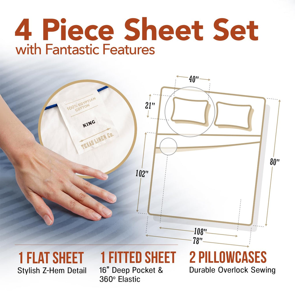 King Size Sheets Set - 600 Series Egyptian Cotton Sheets King Size (4 PC, Light Blue Stripe), 16" Deep Pocket, Soft