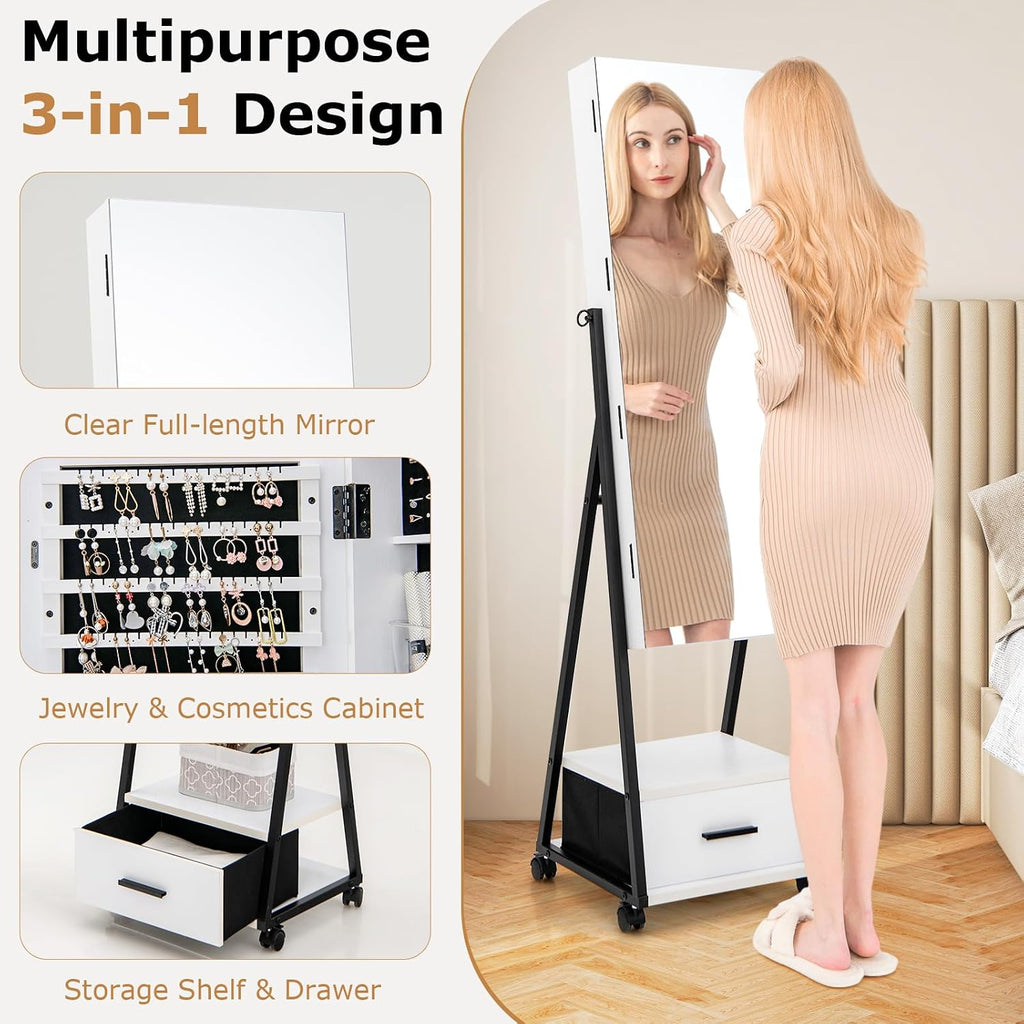 Rolling Jewelry Armoire Cabinet, Full Length Mirror with Storage, Floor Standing Lockable Jewelry Cabinet