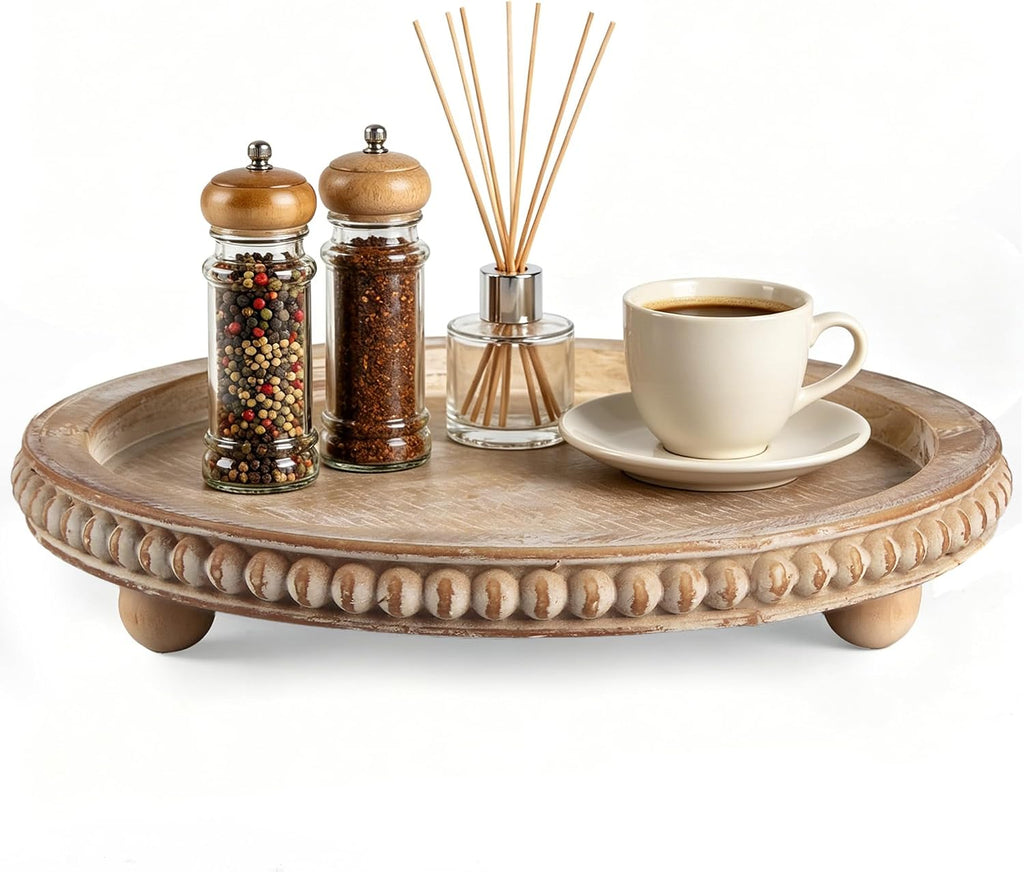 Round Decorative Tray for Coffee Table, Natural Wood Beaded Tray with Detachable Legs, 11.87" Farmhouse Rustic