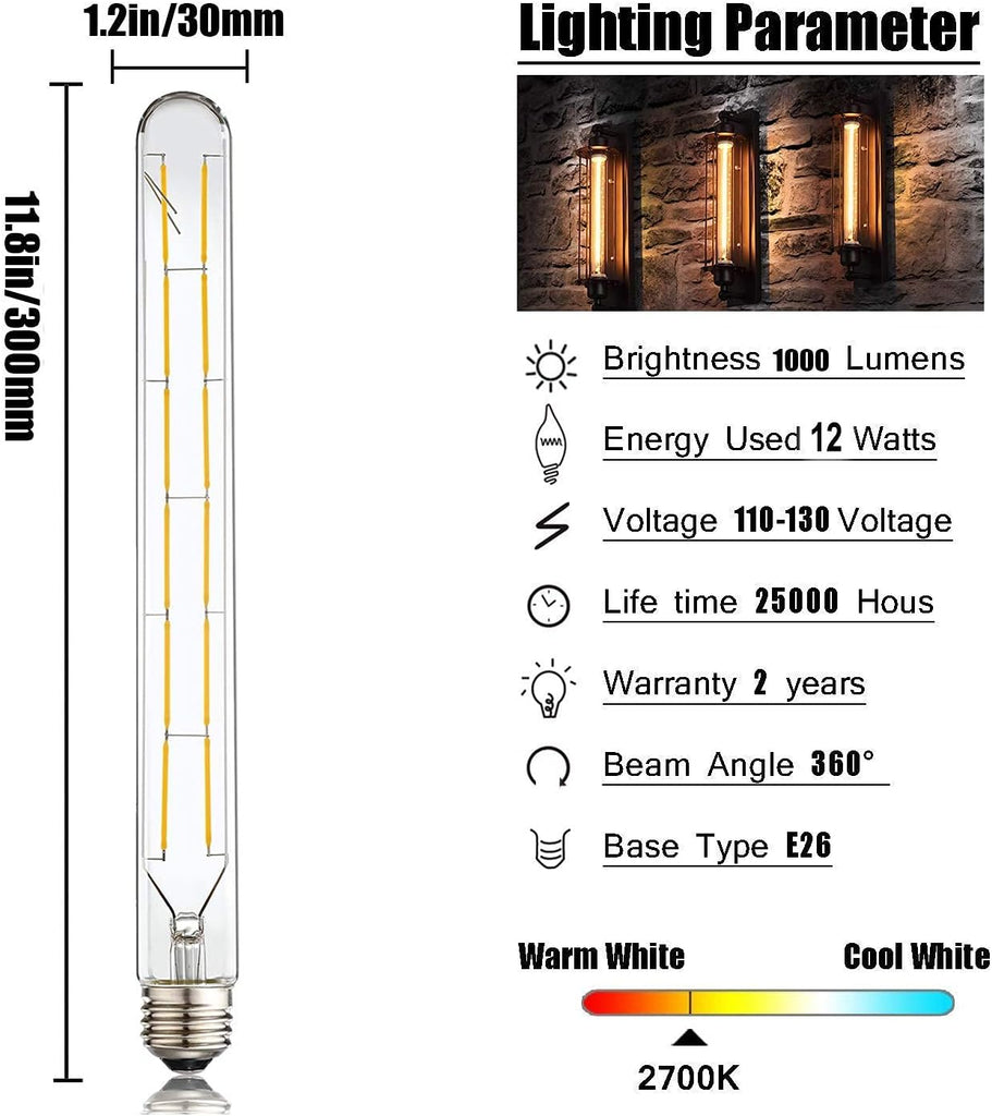 LED Tube Bulbs,T10 Tubular Edison Style LED Filament Bulb, 12W Dimmable Antique LED Bulb,E26 Base,Clear Glass,Warm