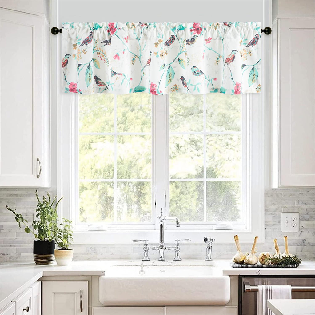 Linen Textured Bird Floral Valance, 60 x 14, 1 Panel, Cyan