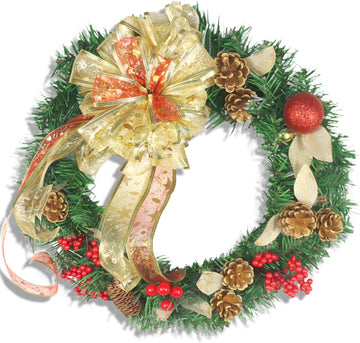 16 Inch Christmas Wreath with Lights,Large Red Bow and Colored Ballswith Battery Box,Warm White 30 LEDs Lights, Front
