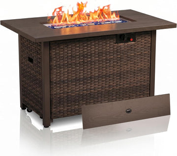 42 Inch Rectangular Propane Fire Pit Table with 50,000 BTU Output | 2-IN-1 Gas Fire Pit Table with Lid and Glass