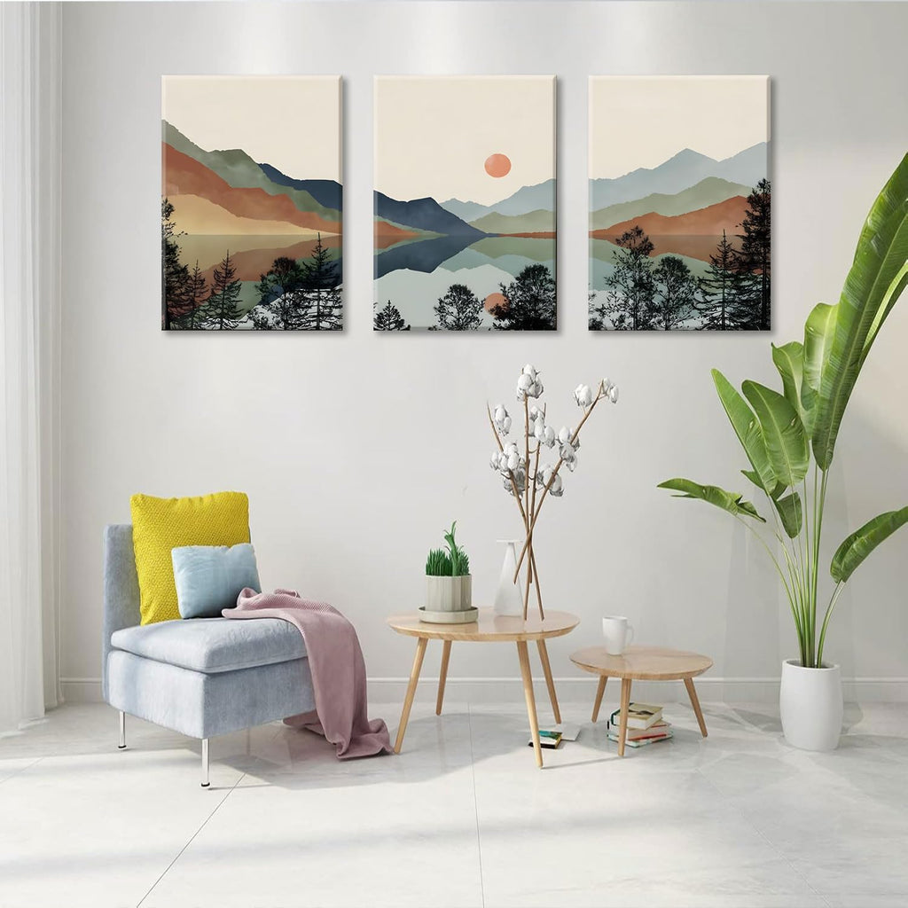 Canvas Wall Art Framed Mountain Wall Art Set of 3 Boho Watercolor Nature Landscape Picture Decor Sun Forest Abstract