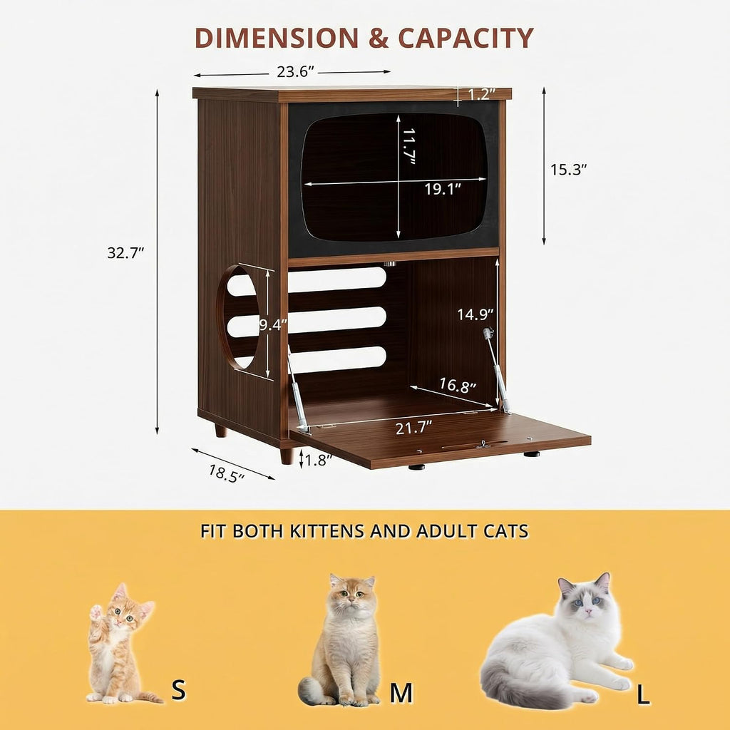 2-Tier TV Shaped Cat Litter Box Enclosure with Rattan Scratch Board