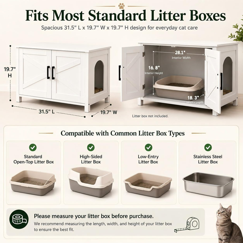 31.5" L Cat Litter Box Enclosure with Barn Door, White