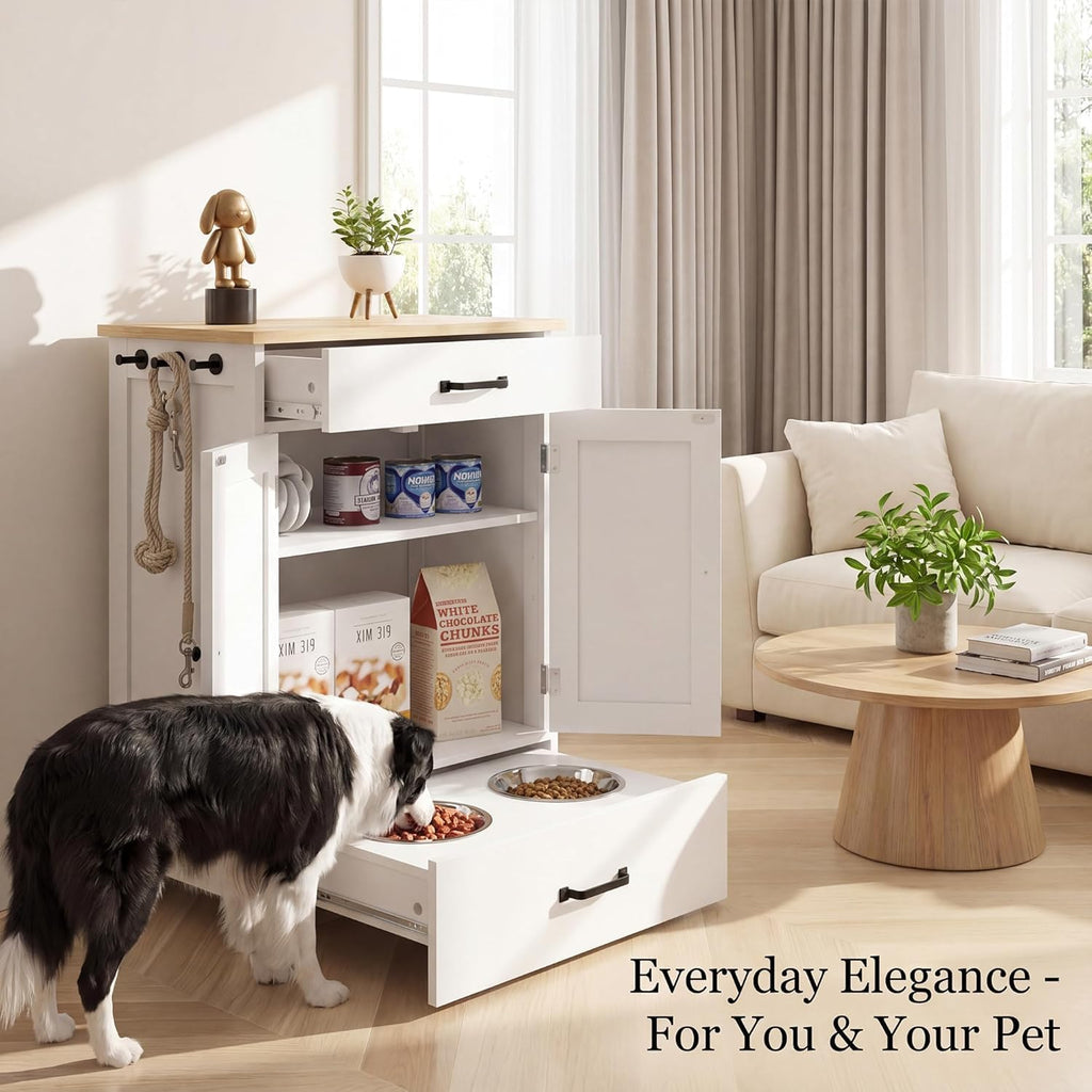 Elevated Stainless Dog Bowls, Feeding Station for Food Storage White Wood
