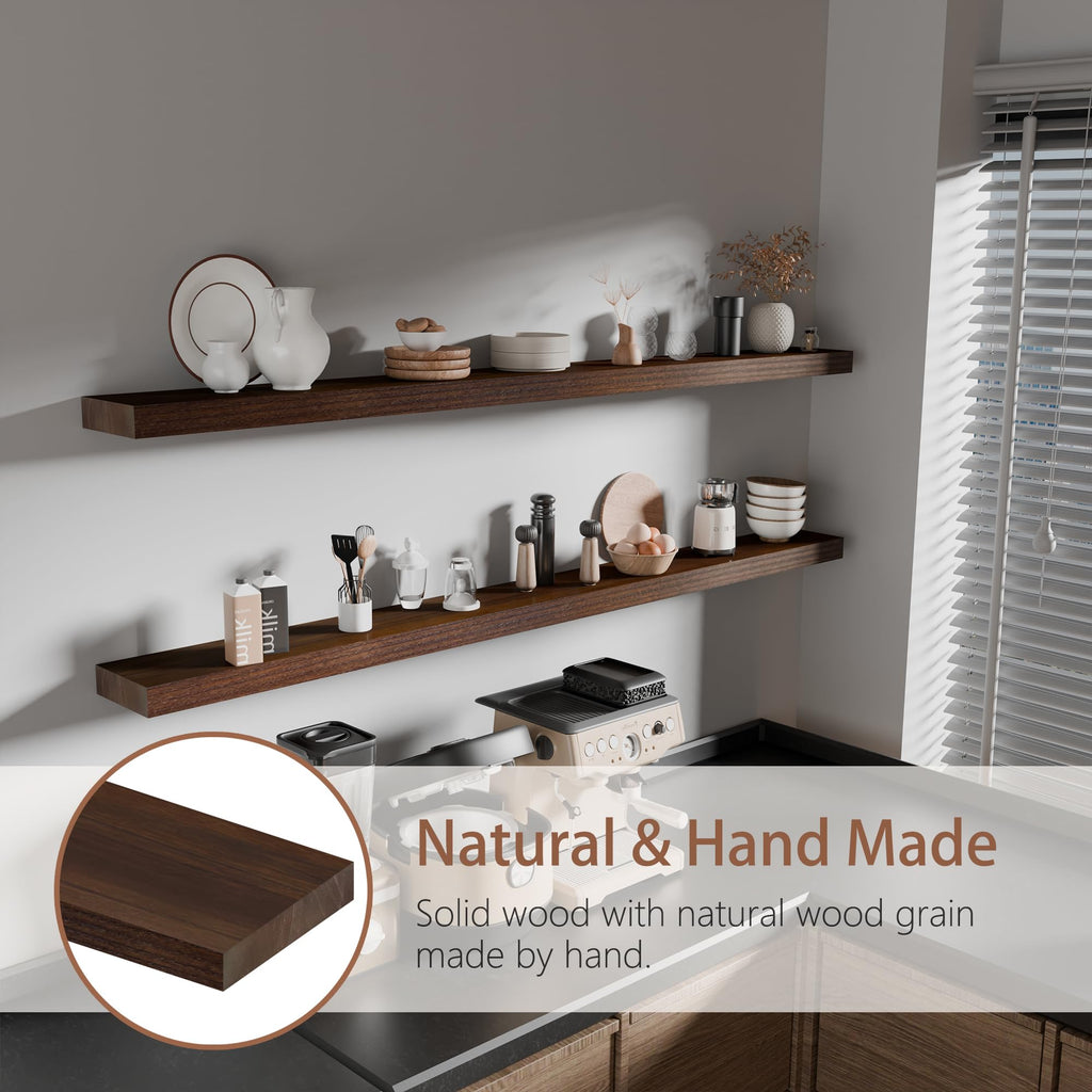 60 inch Long Floating Shelves for Wall, Solid Wood Long Shelves Set of 2, Walnut Rustic Mounted Shelves Bedroom Laundry