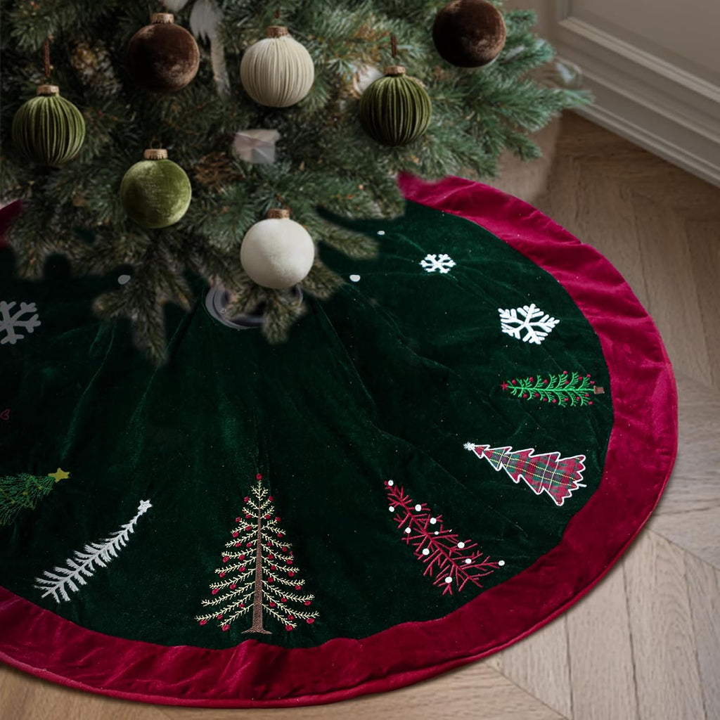 72 Inch Green Velvet Christmas Tree Skirt with Burgundy Trim