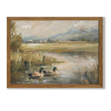 Mallard Ducks Rustic Lake House Framed Canvas Wall Art, 16x24 Inch
