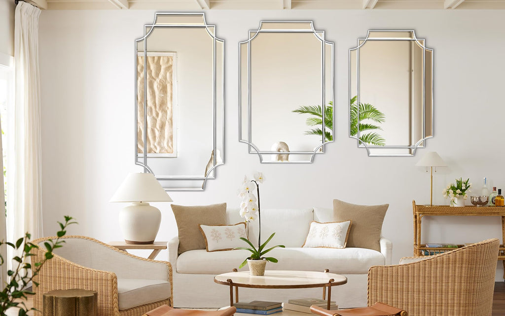 Wall Mirror Full Length, 47" x 24" Silver Wood Framed Full Body Mirror, Scalloped Beveled Polished Decorative