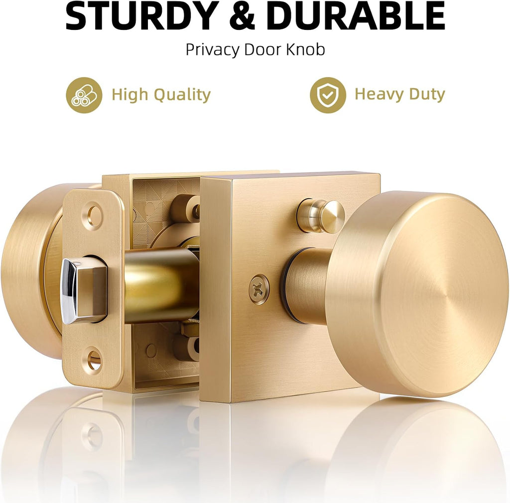 Satin Brass Door Knob Interior Privacy Door Knobs with Lock, Brushed Brass Door Knobs Modern Square Gold Door Handles