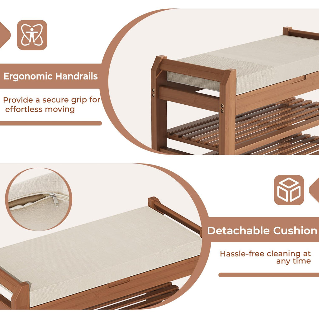 27.6" Entryway Shoe Rack Bench with Cushion, 3-Tier Storage Bench