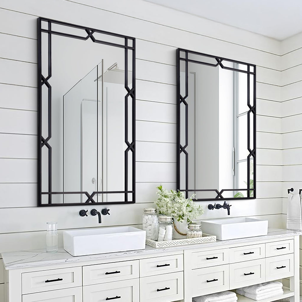 47"x32" Black Mirror for Wall Decor, Large Rectangular Decorative Mirror with Matte Black Metal Pipe Frame Living