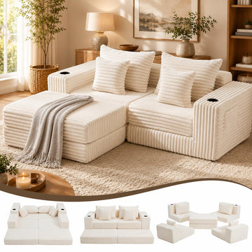 80" Cloud Modular Sectional Sofa, Boneless Corduroy Couch Sofa with Cup Holders & Side Pockets, L-Shaped Couch with
