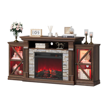 Electric Fireplace TV Stand, 70" Farmhouse Entertainment Center with Open Shelf and Glass Barn Door Cabniet, Modern
