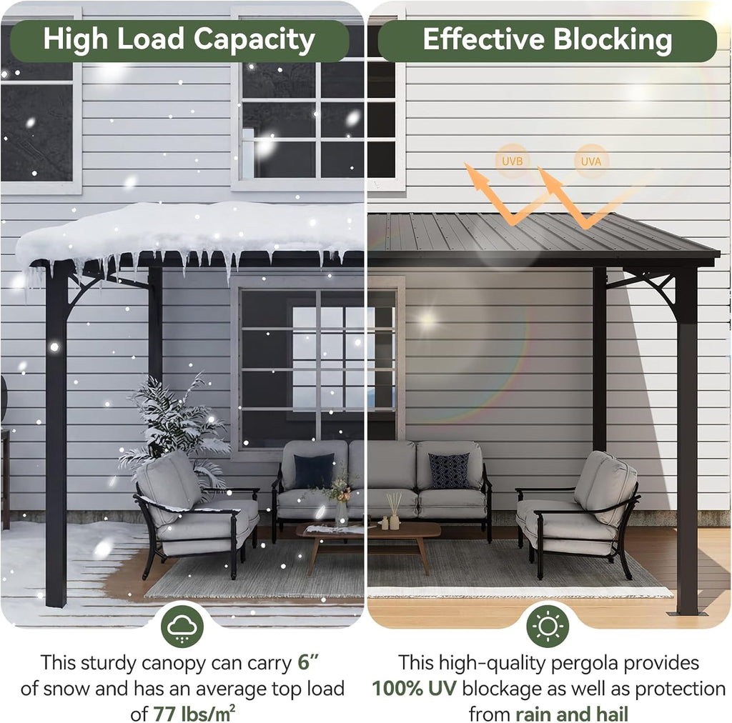 10' x 12' Hardtop Lean-to Gazebo, Wall-Mounted Pergola with Sloping Galvanized Steel Roof – Black